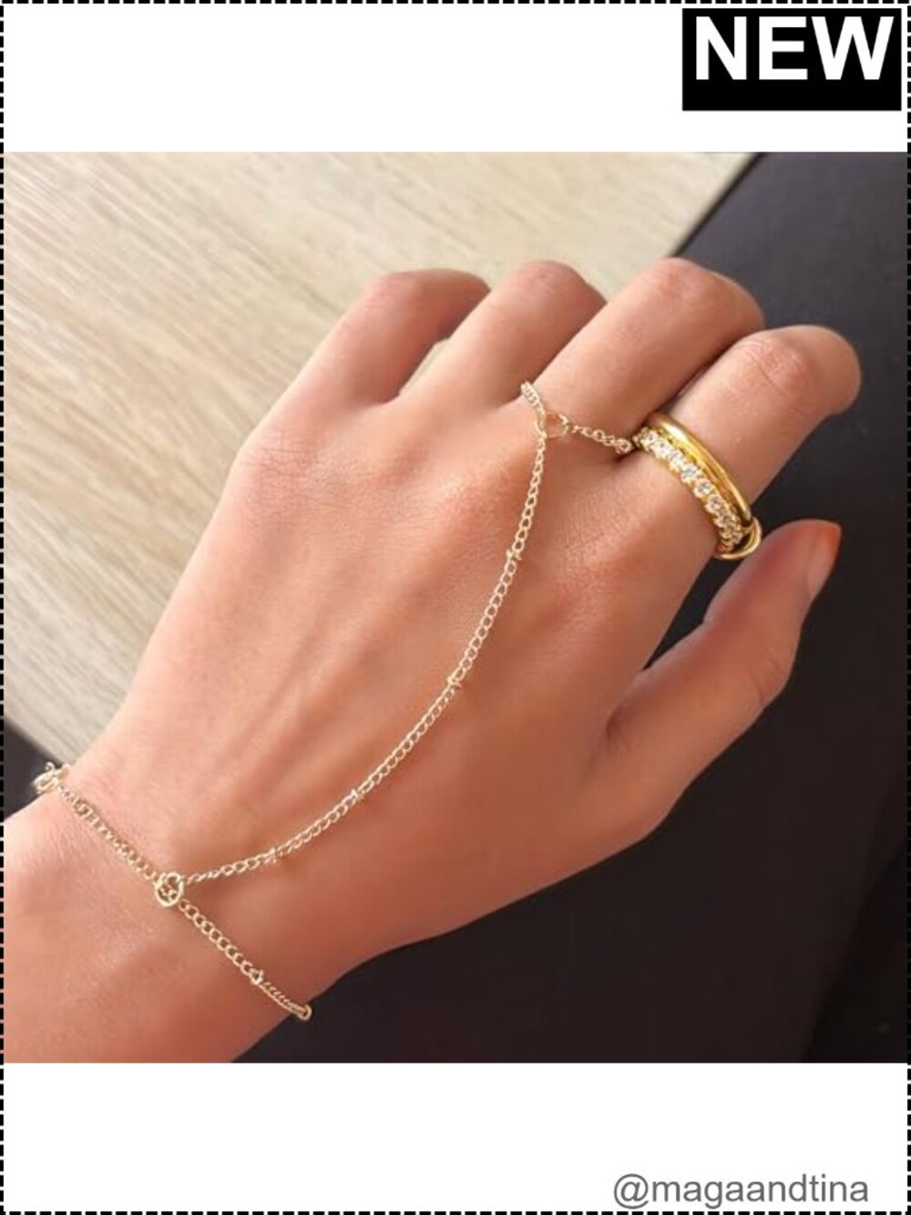 3 Stackable 14K Gold-Plated Hand Chain Bracelets for Women